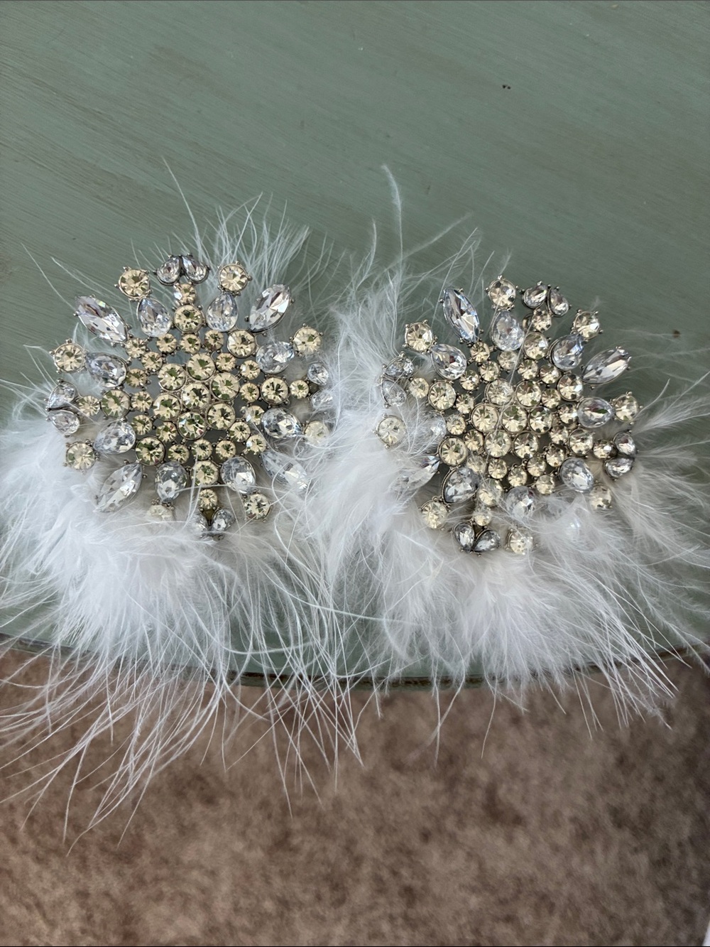 White Feather Crystal Cluster Clip-On Earrings